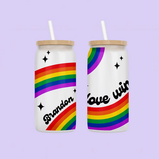 Love Wins Personalized Drinking Glass - Pride Flag - Two Crafty Gays