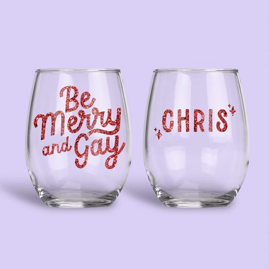 Merry & Gay Personalized Wine Glass - Two Crafty Gays