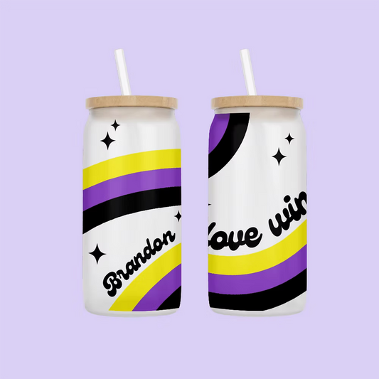 Love Wins Personalized Drinking Glass - Nonbinary Flag - Two Crafty Gays