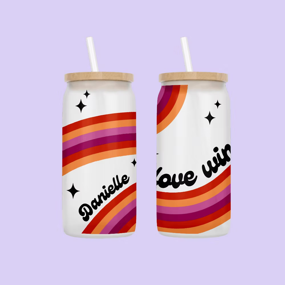 Love Wins Personalized Drinking Glass - Lesbian Flag - Two Crafty Gays