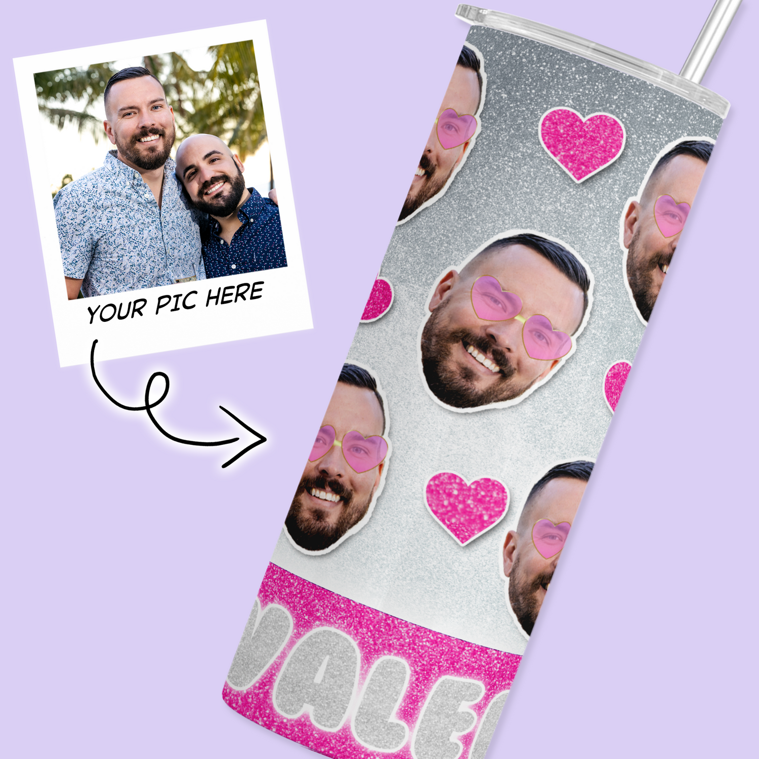 Cutout Face Personalized Tumbler - Valentine Hearts - Two Crafty Gays