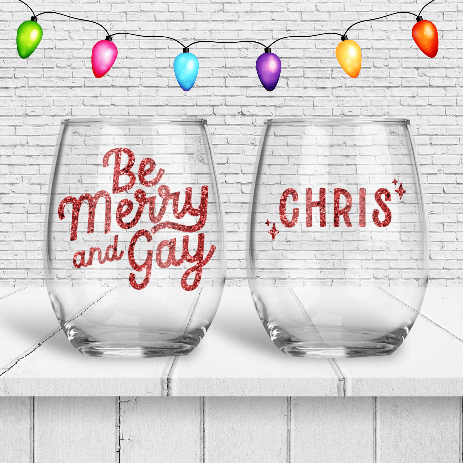 Be Merry & Gay Personalized Christmas Wine Glass - Two Crafty Gays