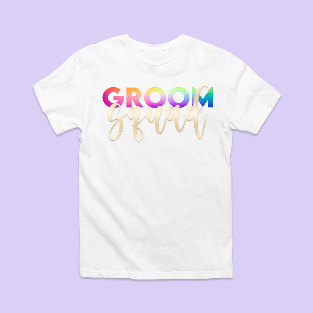 Groom Squad Shirt - Rainbow Script - Two Crafty Gays