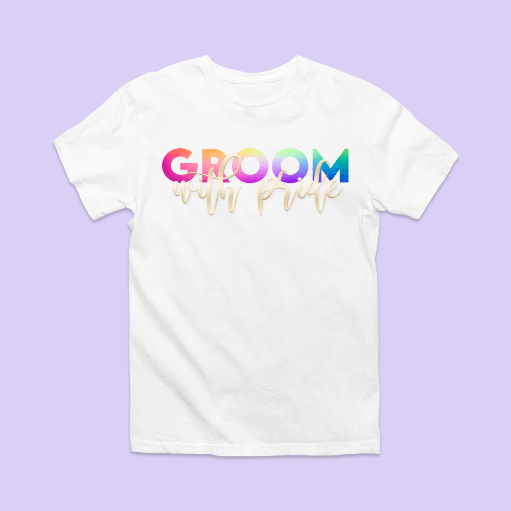 Groom with Pride Shirt - Rainbow Script - Two Crafty Gays