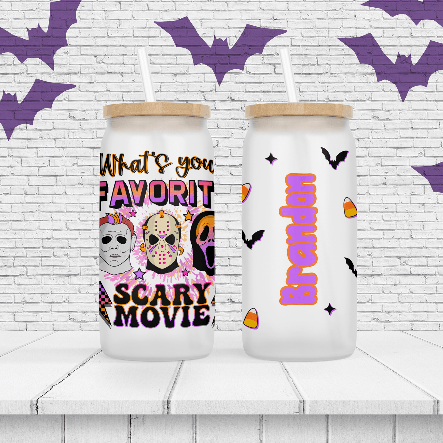 Halloween "Favorite Scary Movie" Personalized Drinking Glass - Two Crafty Gays