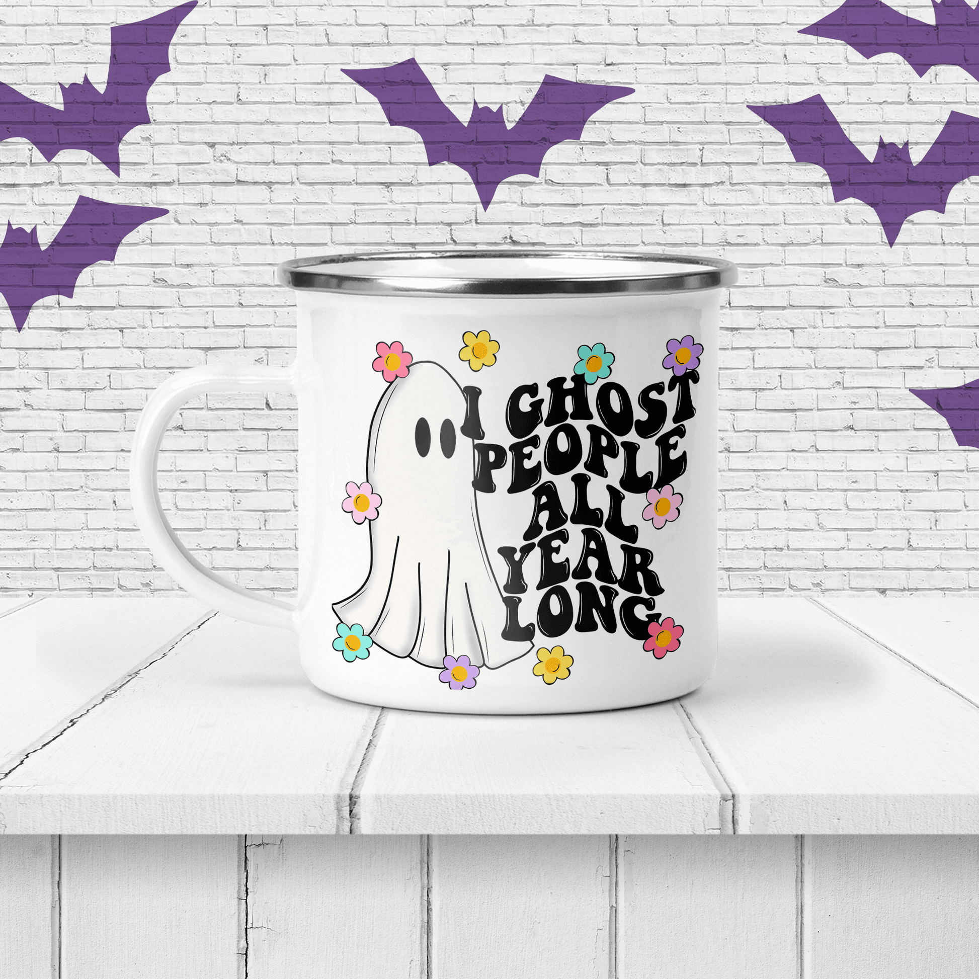 Halloween "Ghost People All Year Long" Personalized Enamel Mug - Two Crafty Gays