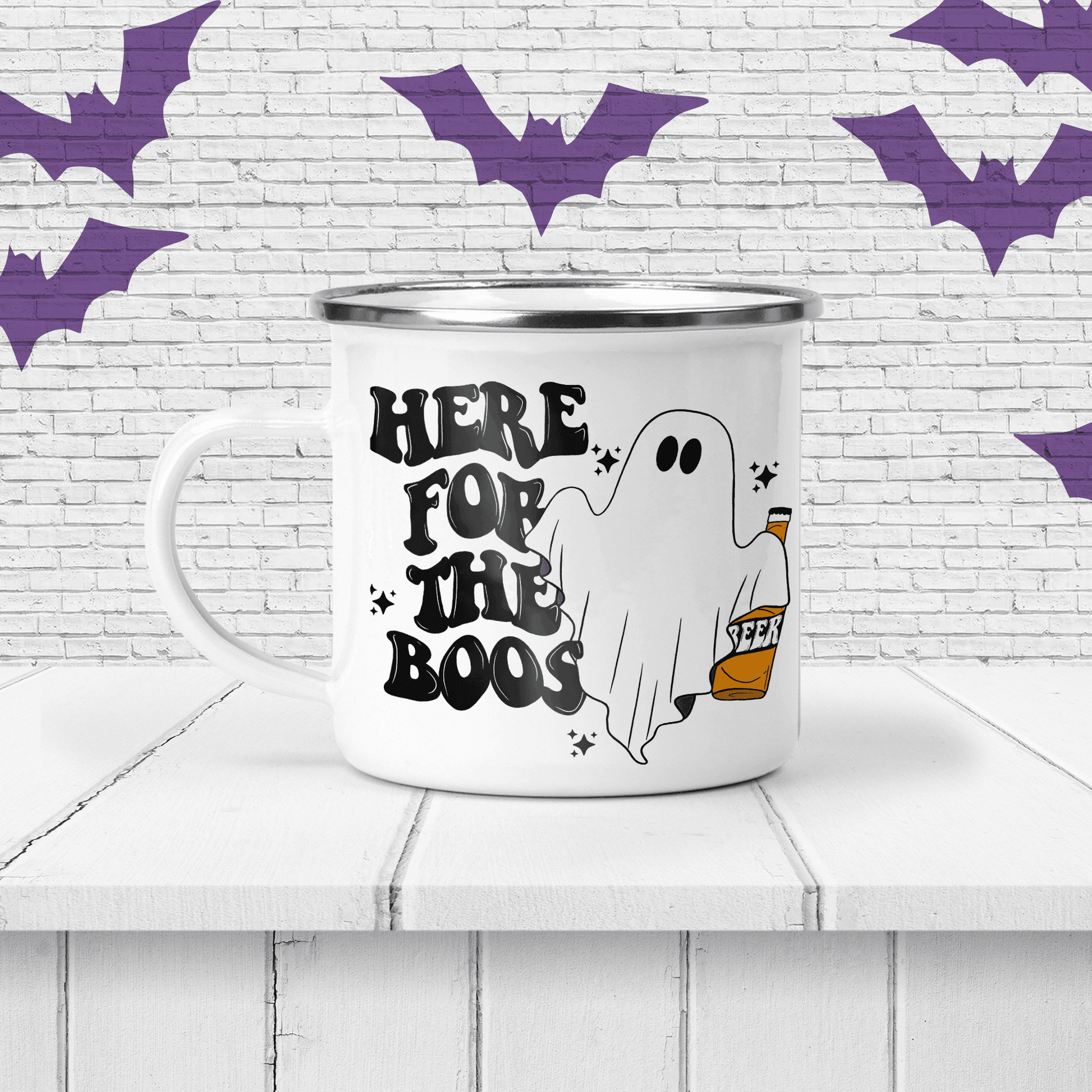 Halloween "Here For The Boos" Personalized Enamel Mug - Two Crafty Gays