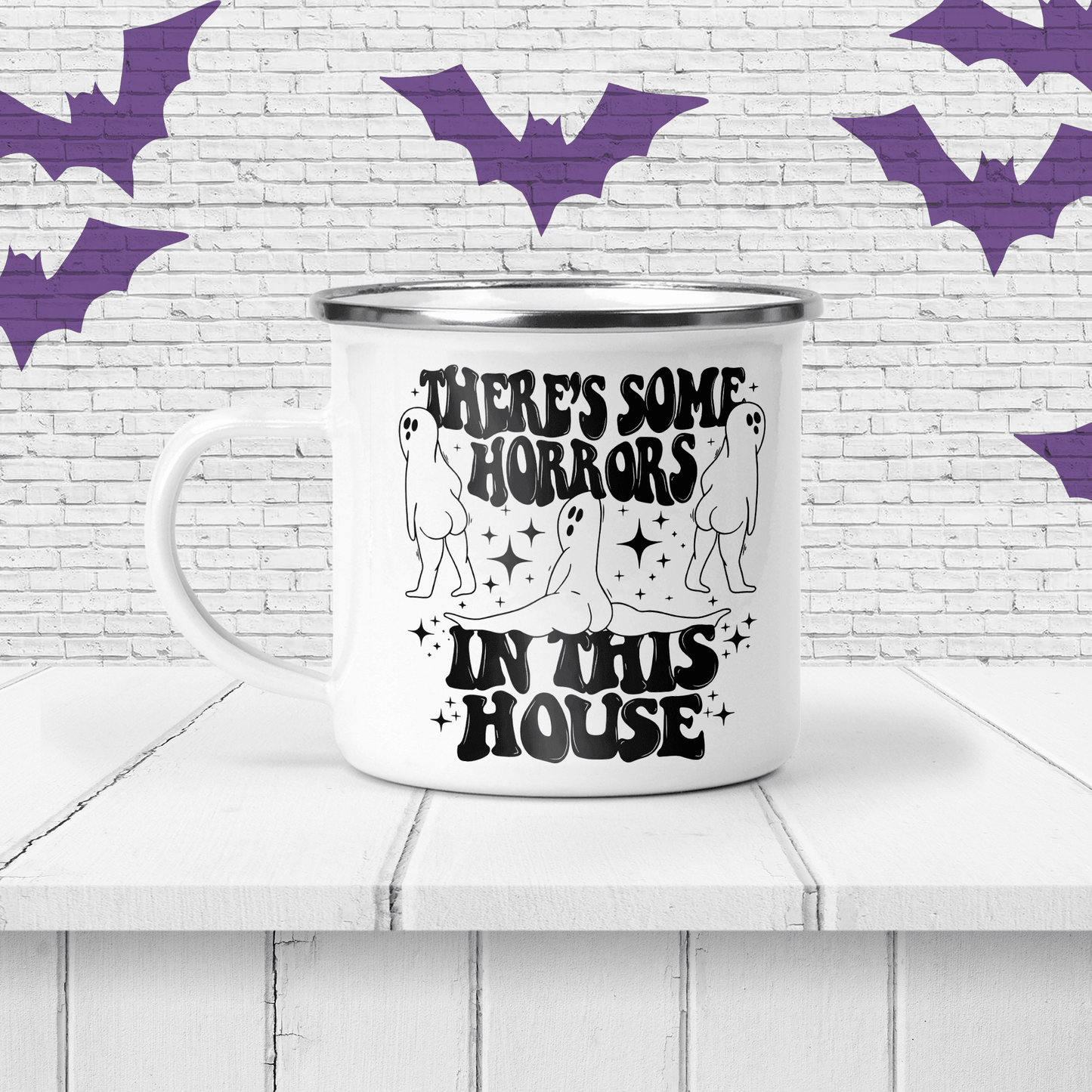 Halloween "Horrors In This House" Personalized Enamel Mug - Ghosts - Two Crafty Gays