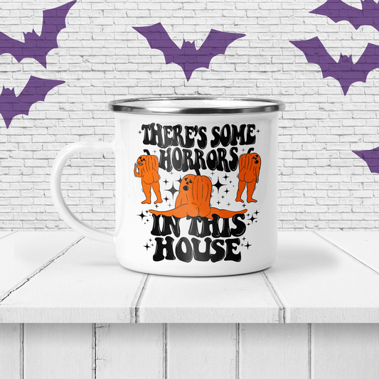 Halloween "Horrors In This House" Personalized Enamel Mug - Pumpkins - Two Crafty Gays