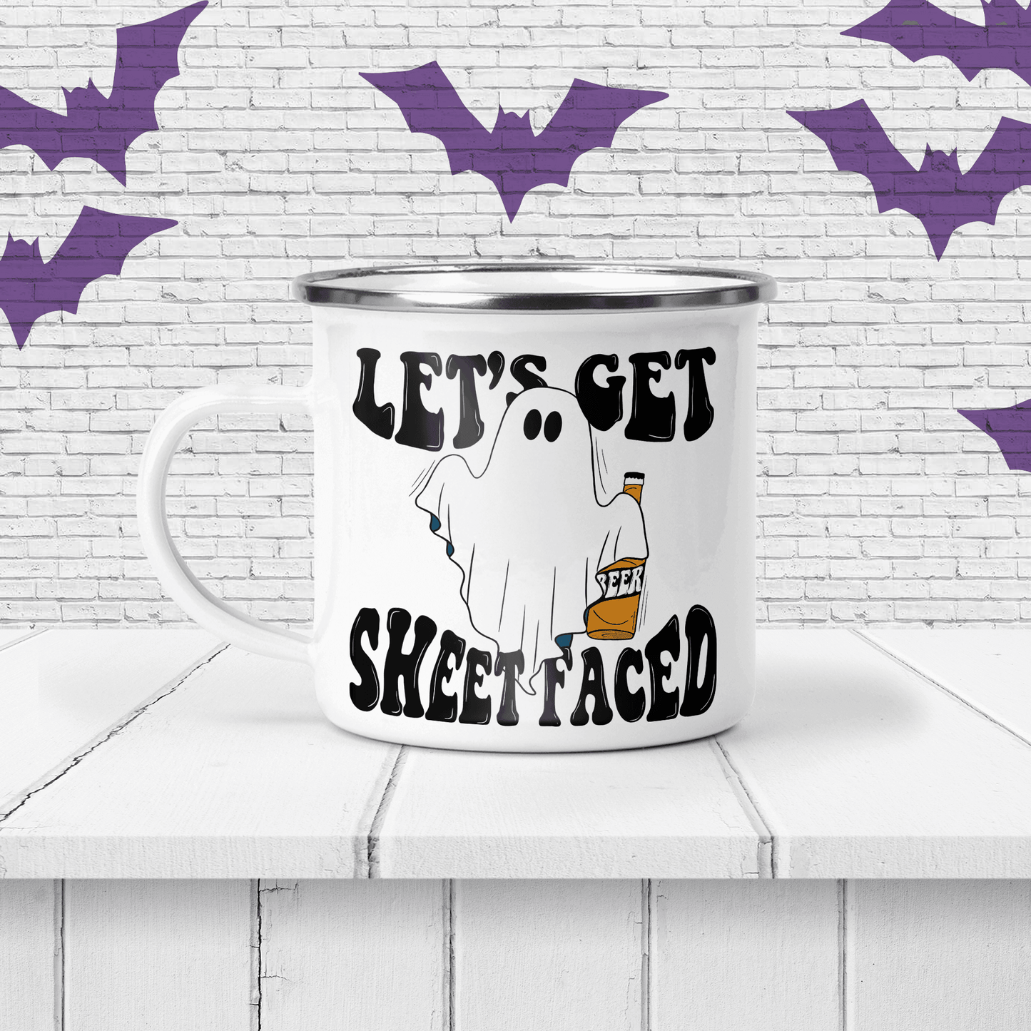 Halloween "Let's Get Sheet Faced" Personalized Enamel Mug - Two Crafty Gays