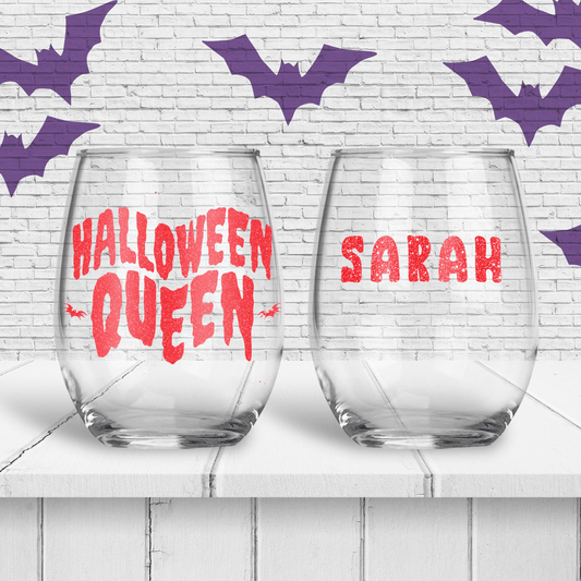 Halloween Queen Personalized Stemless Wine Glass - Two Crafty Gays