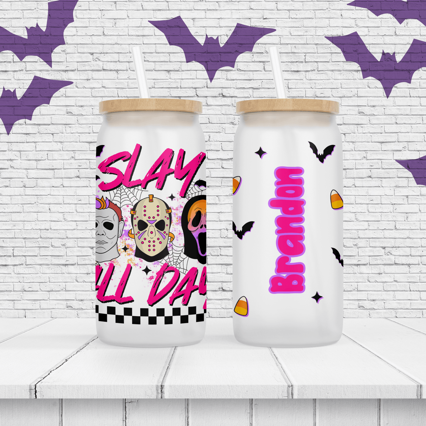 Halloween "Slay All Day" Personalized Drinking Glass - Two Crafty Gays