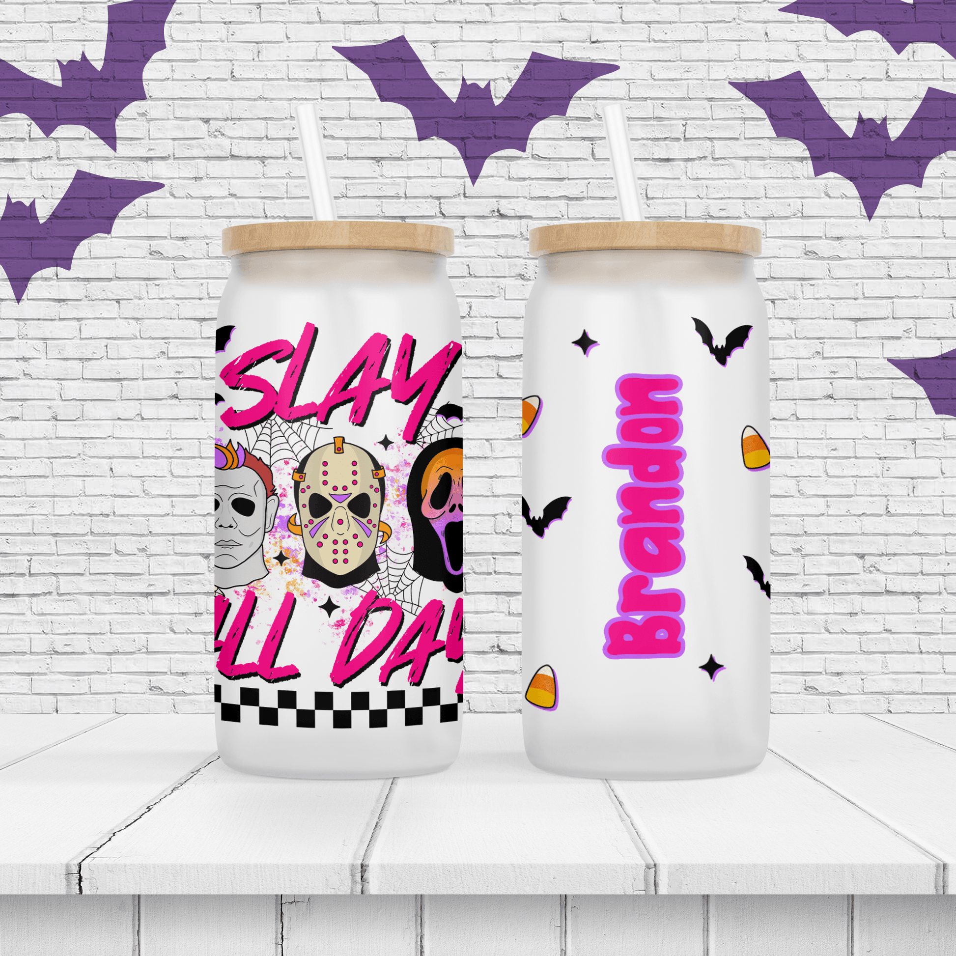 Halloween "Slay All Day" Personalized Drinking Glass - Two Crafty Gays