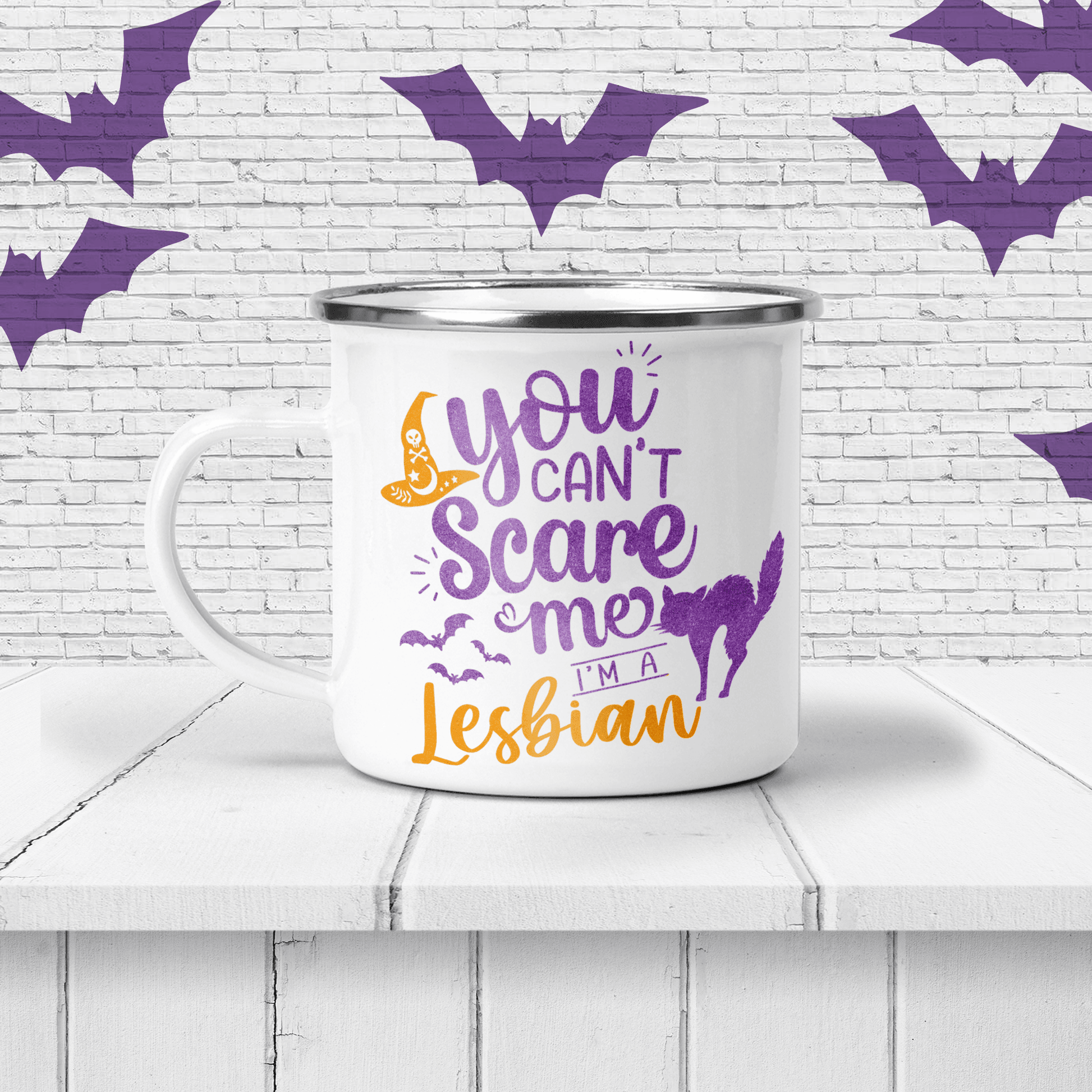 Halloween "You Can't Scare Me I'm A Lesbian" Personalized Enamel Mug - Two Crafty Gays