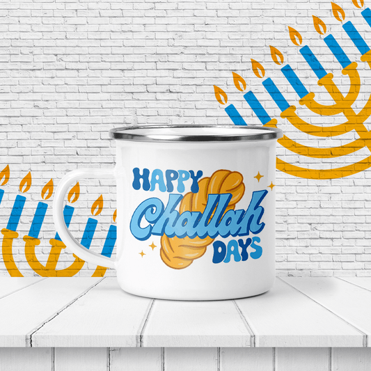 Happy Challah Days Hanukkah Enamel Mug - Two Crafty Gays