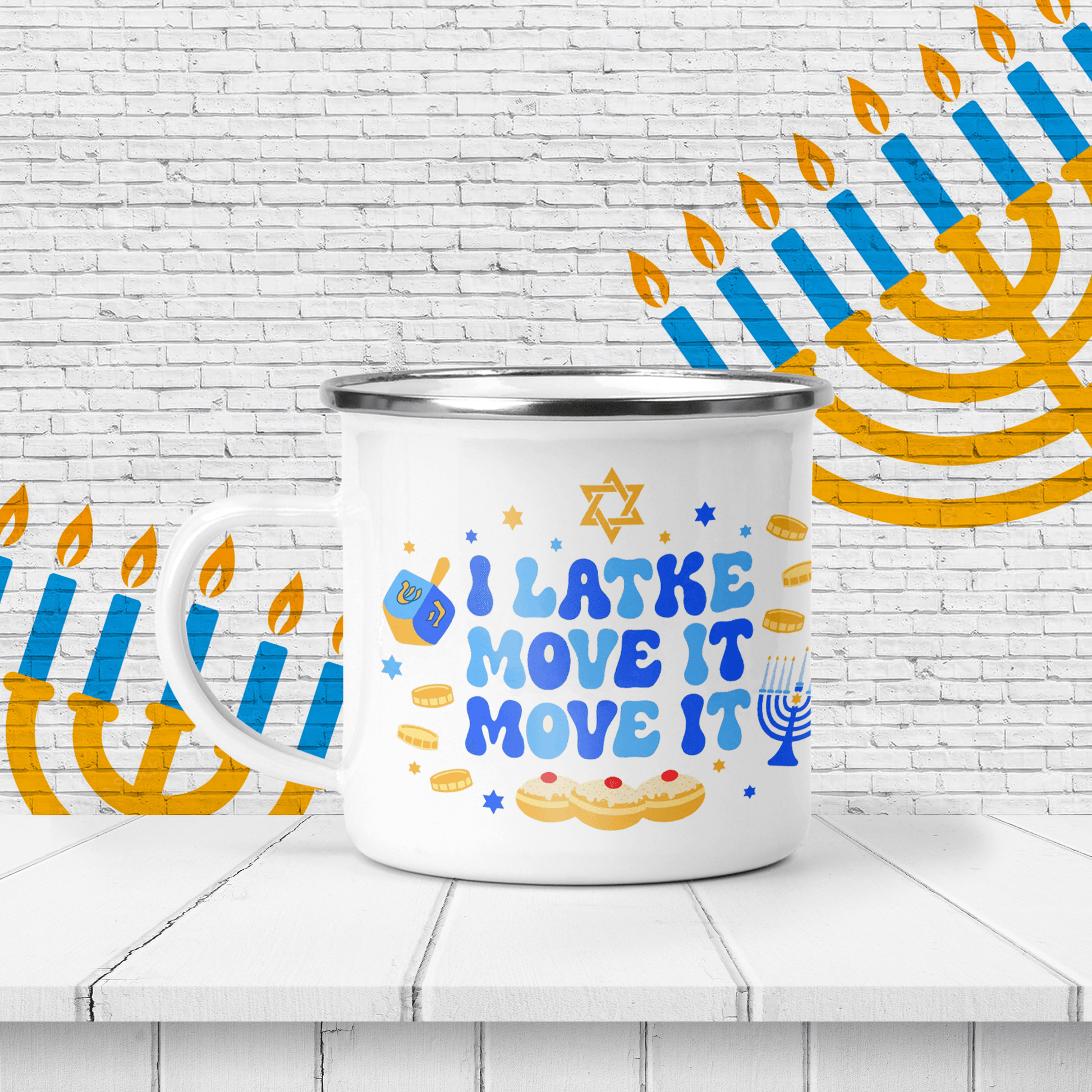 I Latke Move It Hanukkah Enamel Mug - Two Crafty Gays