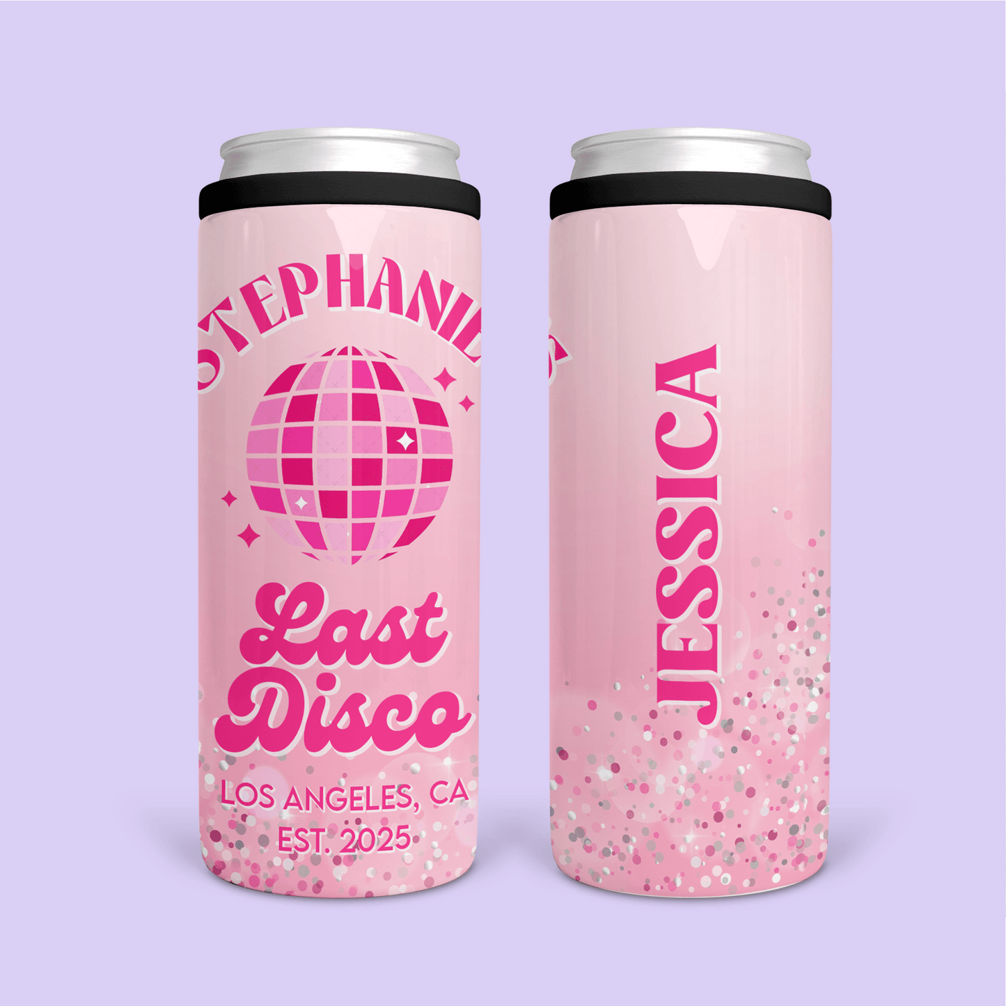 Last Disco Personalized Bachelorette Slim Can Cooler - Two Crafty Gays