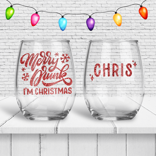 "Merry Drunk, I'm Christmas" Personalized Christmas Wine Glass - Two Crafty Gays