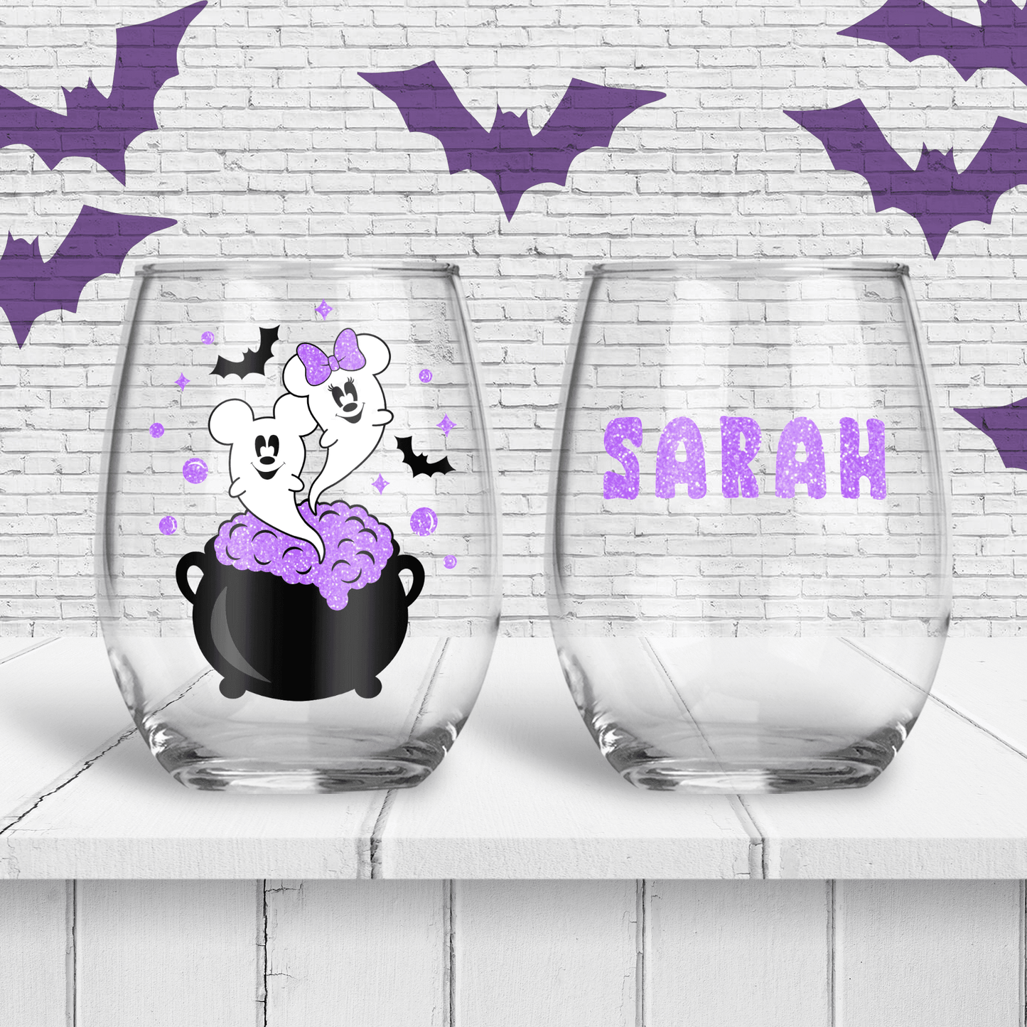 Mickey & Minnie Halloween Personalized Stemless Wine Glass - Two Crafty Gays