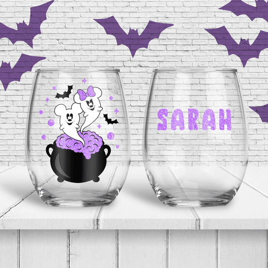 Mickey & Minnie Halloween Personalized Stemless Wine Glass - Two Crafty Gays