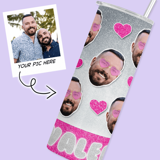 Personalized Cutout Face Tumbler - Valentine Hearts - Two Crafty Gays