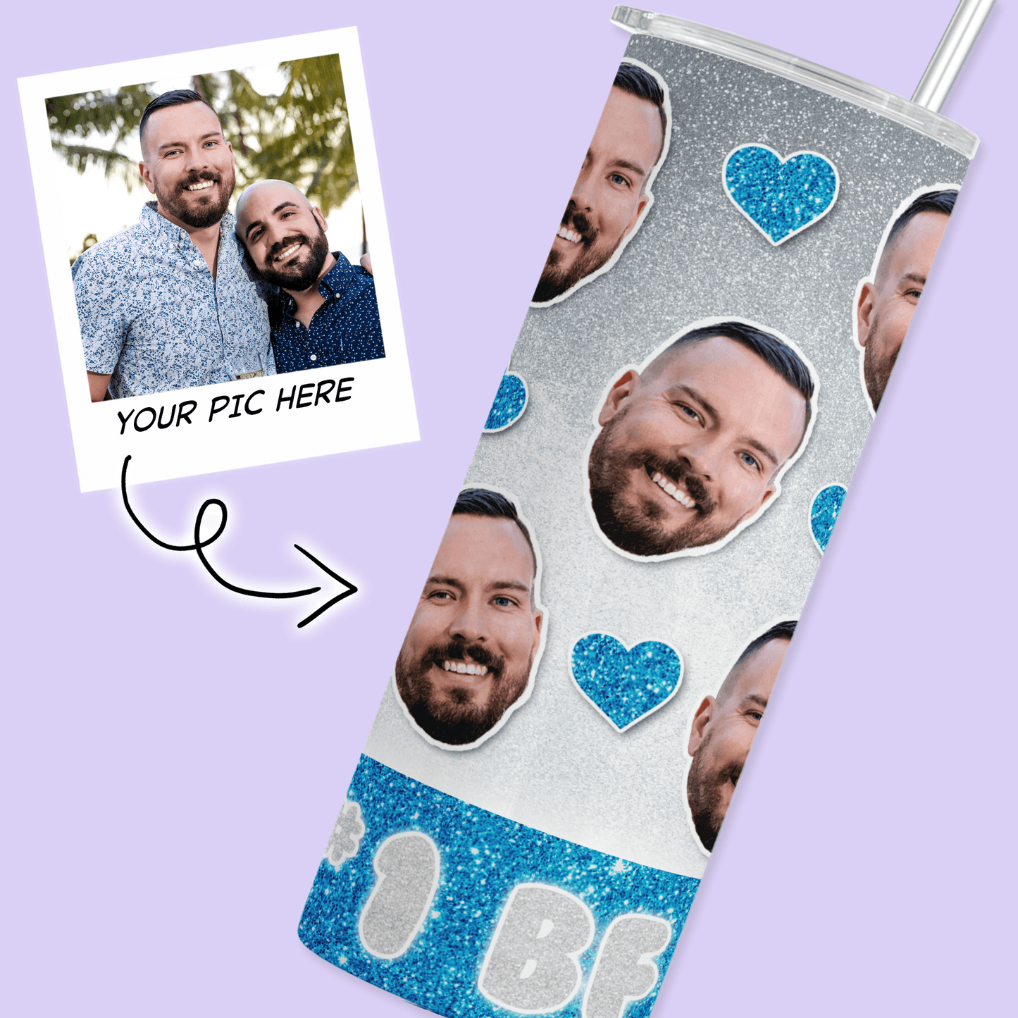 Personalized Cutout Face Tumbler with Hearts - Blue - Two Crafty Gays