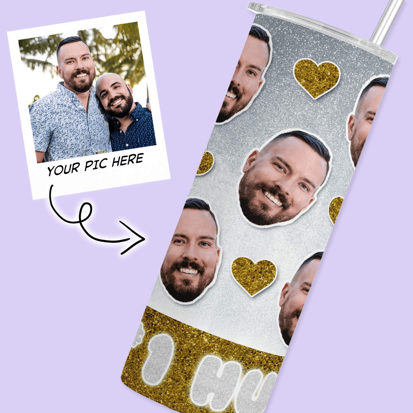 Personalized Cutout Face Tumbler with Hearts - Gold - Two Crafty Gays