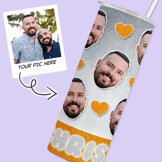 Personalized Cutout Face Tumbler with Hearts - Orange - Two Crafty Gays