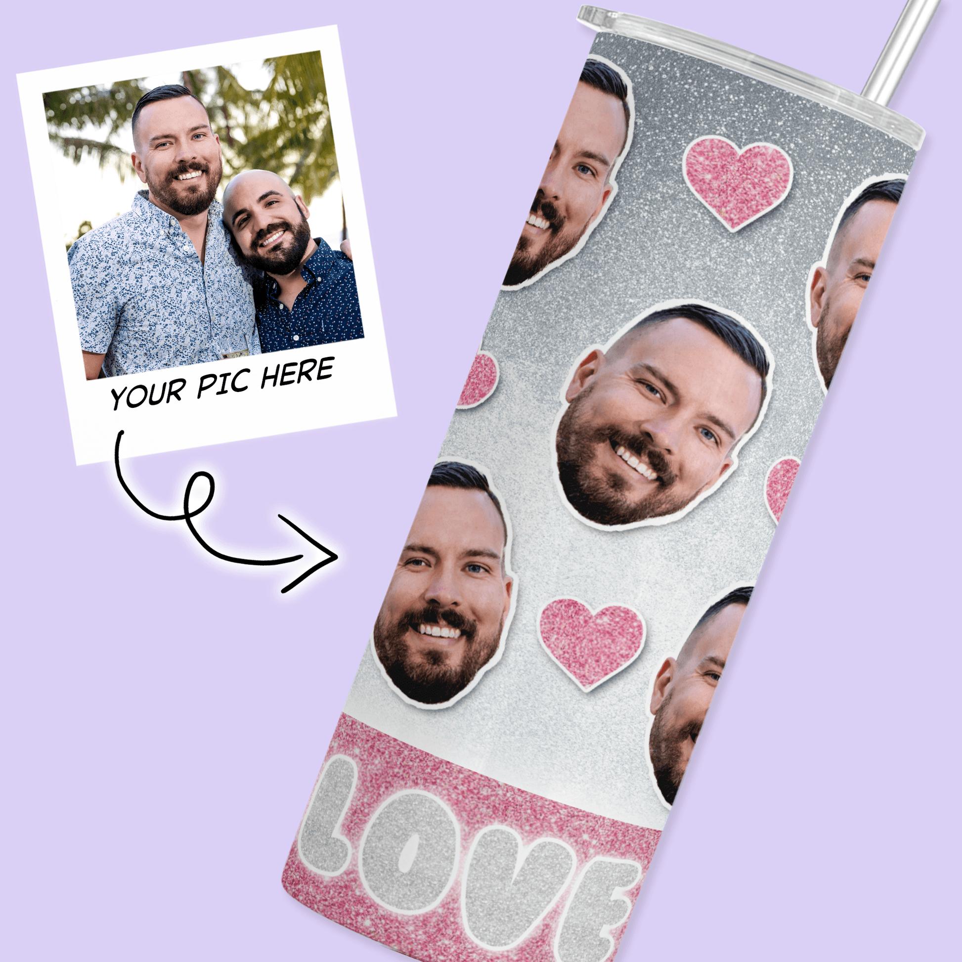 Personalized Cutout Face Tumbler with Hearts - Pink - Two Crafty Gays