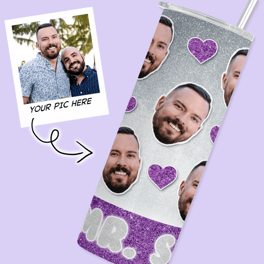 Personalized Cutout Face Tumbler with Hearts - Purple - Two Crafty Gays