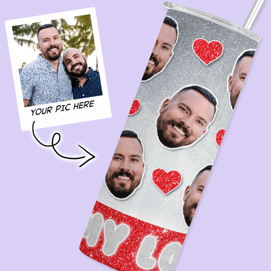 Personalized Cutout Face Tumbler with Hearts - Red - Two Crafty Gays