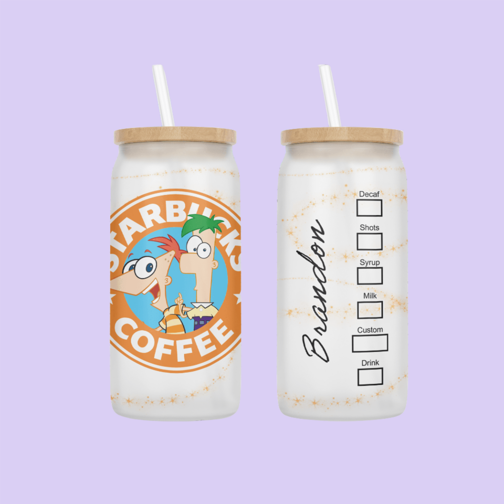 Phineas & Ferb Starbucks Drinking Glass - Two Crafty Gays