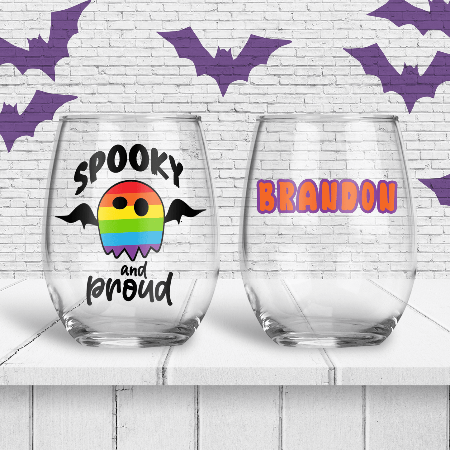 Spooky & Proud Personalized Stemless Wine Glass - Two Crafty Gays