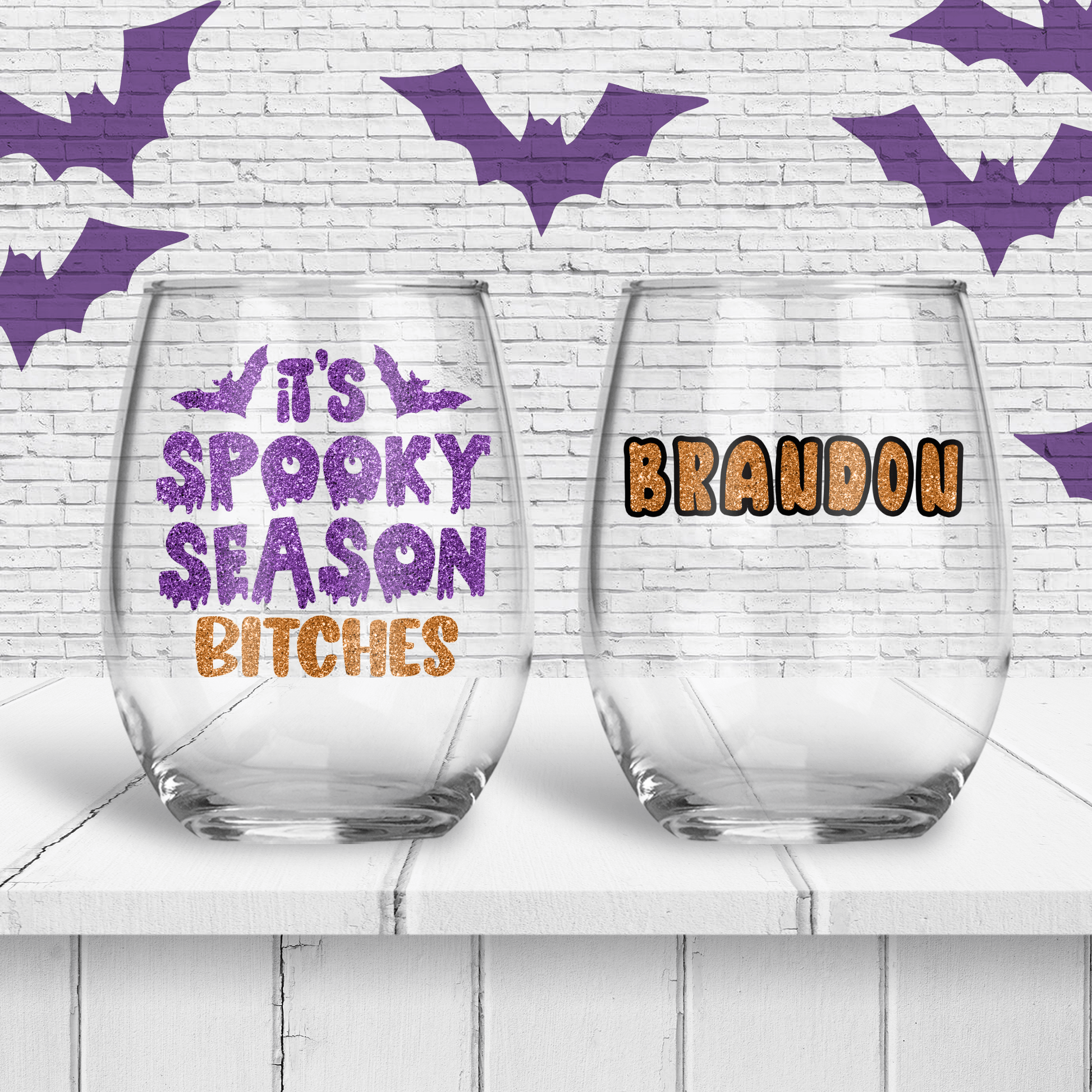 Spooky Season Bitches Personalized Stemless Wine Glass - Two Crafty Gays